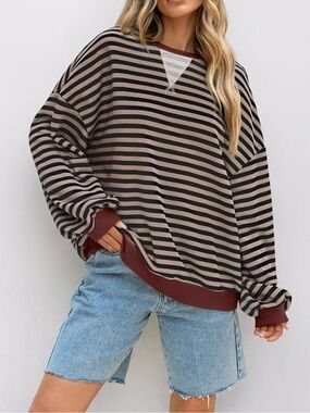 UE Striped Crewneck Sweater in Brown and Black with Burgundy Trim